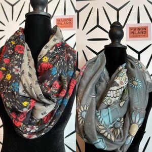 Lot of 2 Infinity Scarves – Floral Skull & Gray Sugar Skull Designs